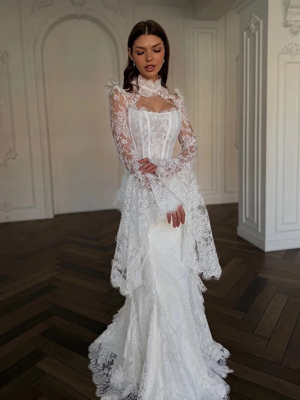 Custom Elegant White Lace Mermaid Wedding Dress High Neck Ruched Long Bell Sleeve Corset Backless Bridal Gown with Train