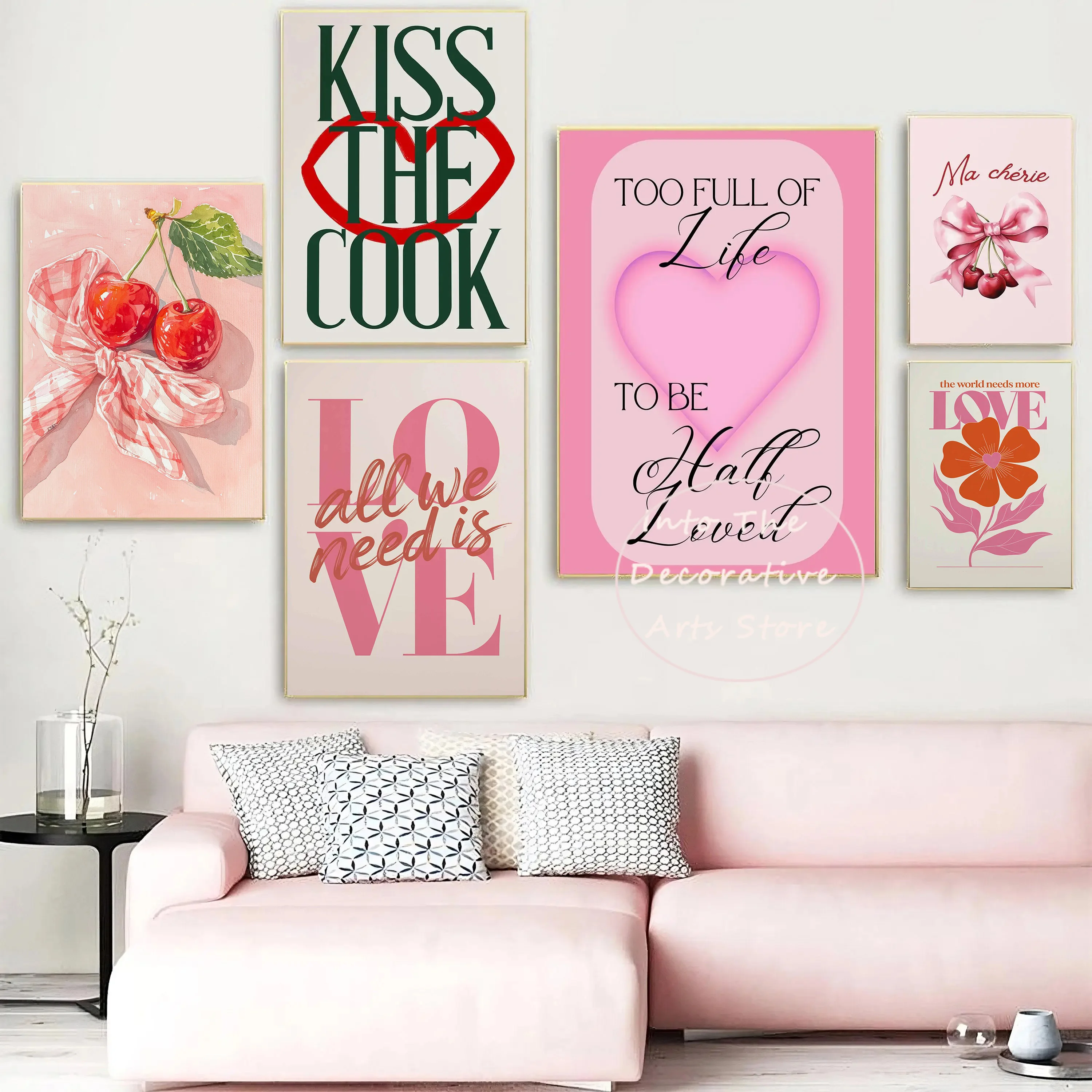 Trendy Pink Bow Gallery Pink Girl Room Swan Cherries Art Poster Canvas Painting Wall Prints Picture for Living Room Home Decor