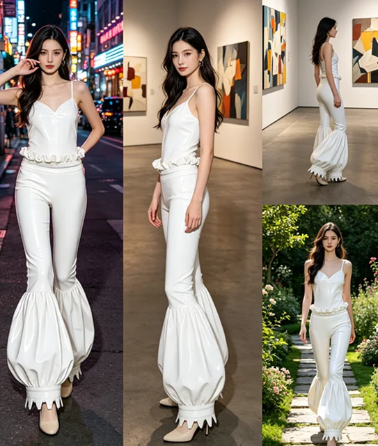 Latex Rubber Sexy Cosplay Masquerade Fashion lace pants and Top 0.4MM White