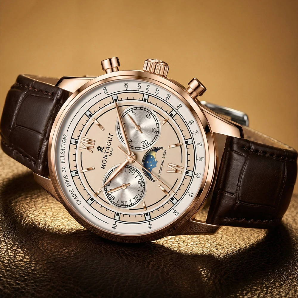 Classic Automatic Mechanical Mens Watch Multi-function Calendar Moon Phase Brown Leather Strap Luxury Wrist Watch ﻿