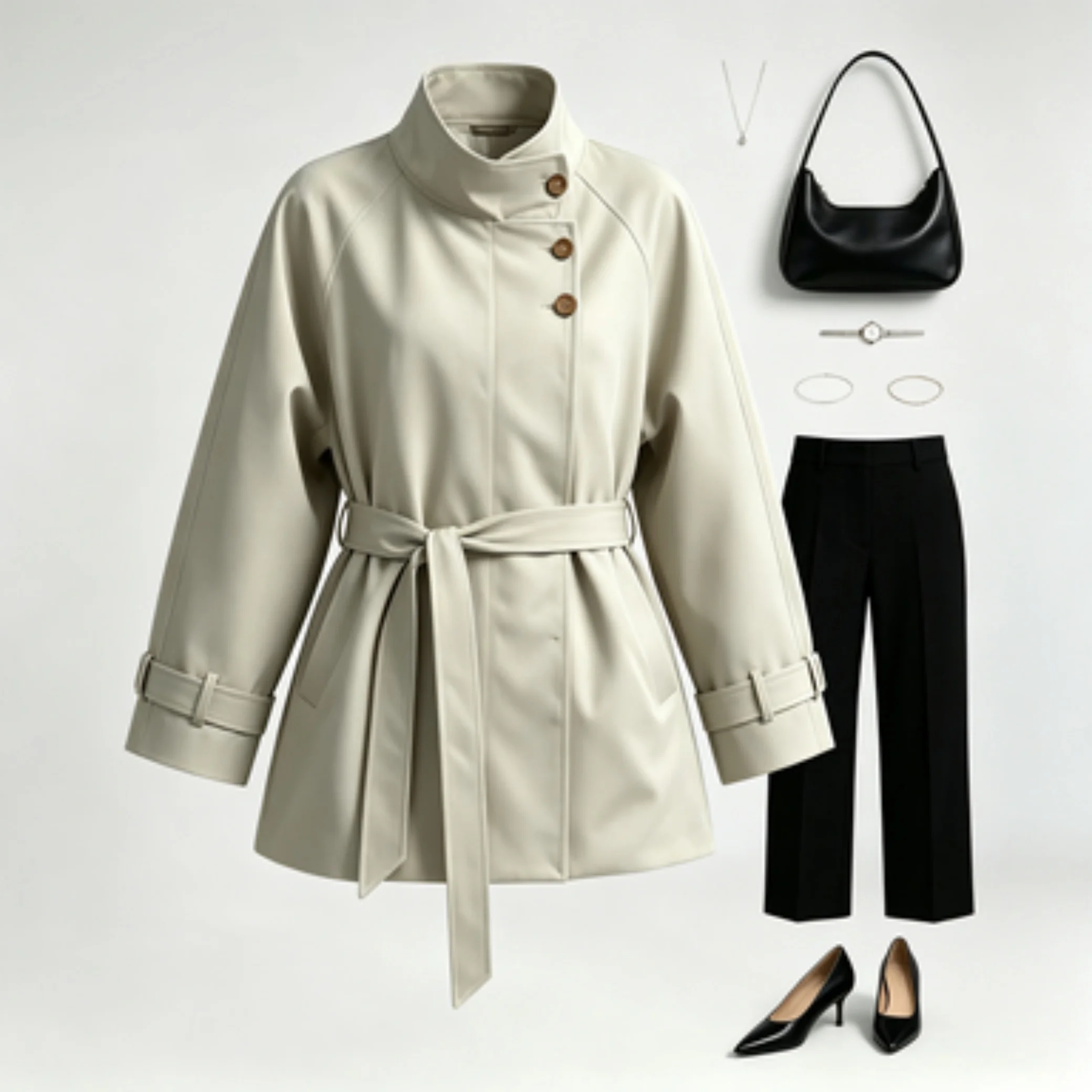 Stand Collar Belted Women Trench Coat Loose Short Outerwear