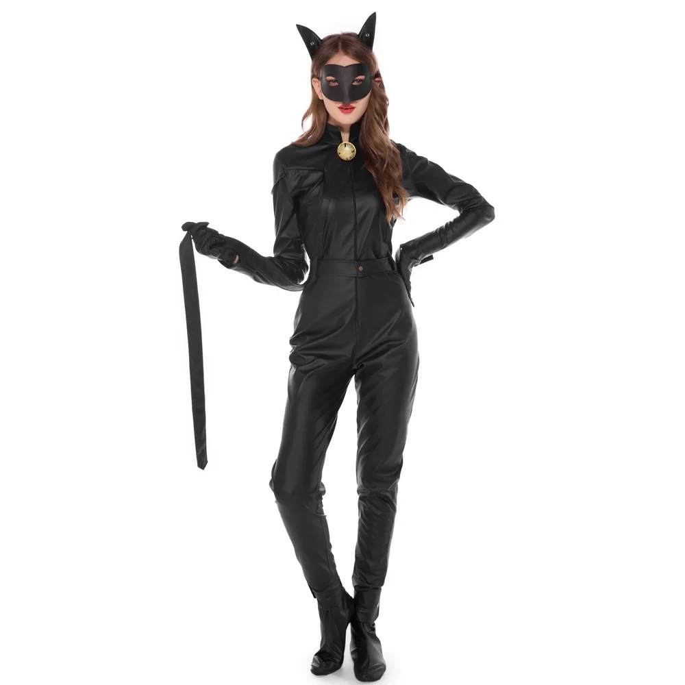 

Thick Leather Halloween Costume Catwoman Role-play Cosplay Cat Outfit Club Jumpsuit With Tail