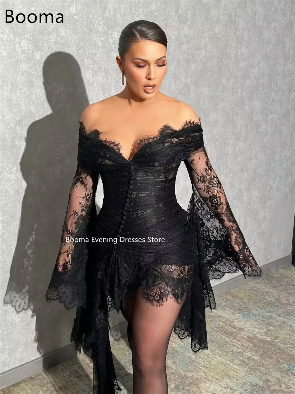 Booma Sexy A-lijn Uit De Schouder Kanten Jurken Formele Partij Jassen voor Vrouwen Mini Eenvoudige Plooi Prom Gown Aanpassen 2025