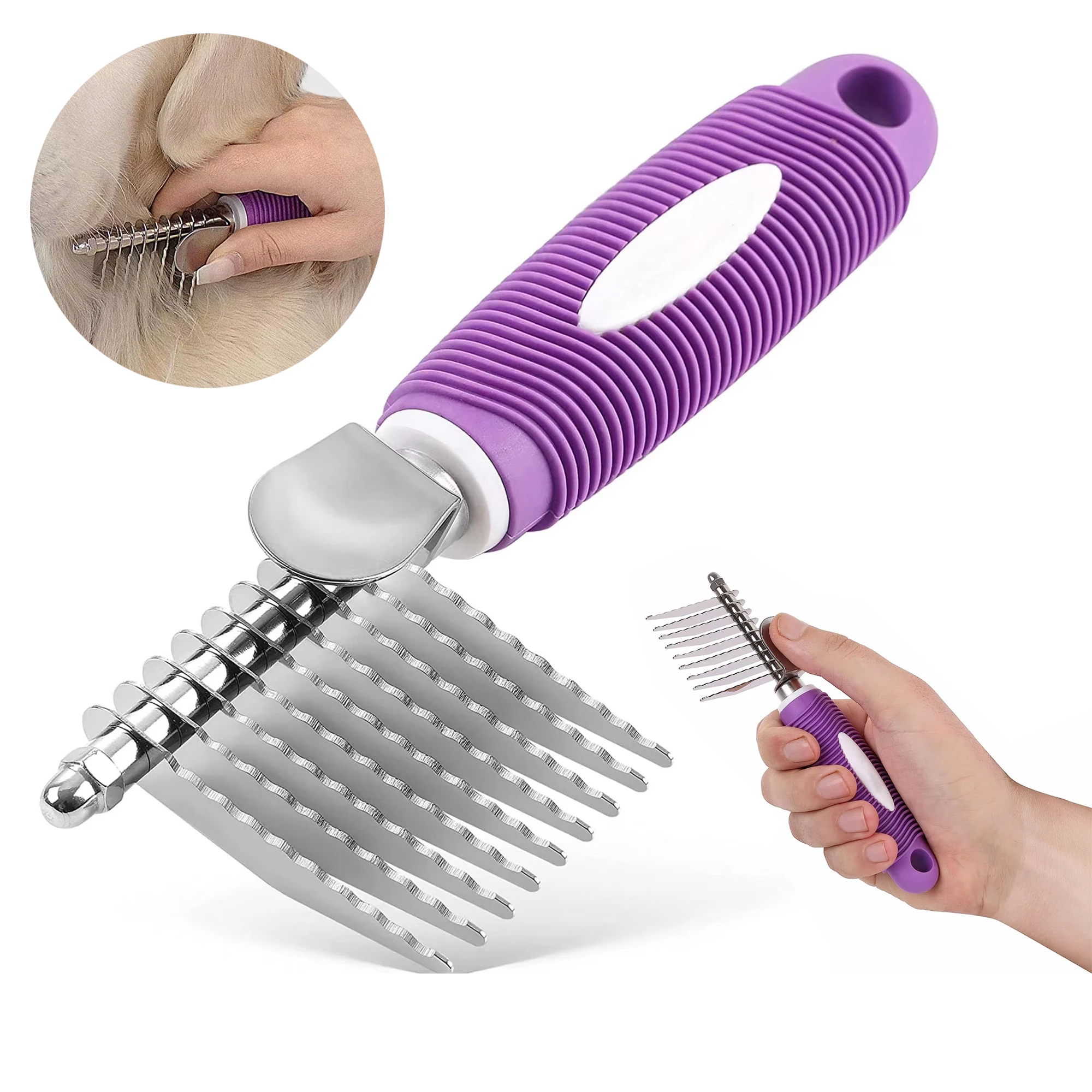 Cat Brush Dog Hair Remover Pet Grooming Dematting Fur Rake Comb for Cat with Long 2.5 Inches Steel Safety Blades Dog Supplies