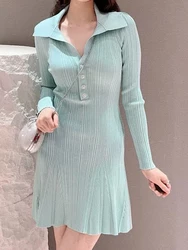 Abiti da donna in maglia con risvolto a maniche lunghe verde menta moda elegante a vita alta elasticizzato Slim a-line Mini abito 2024 primavera nuovo