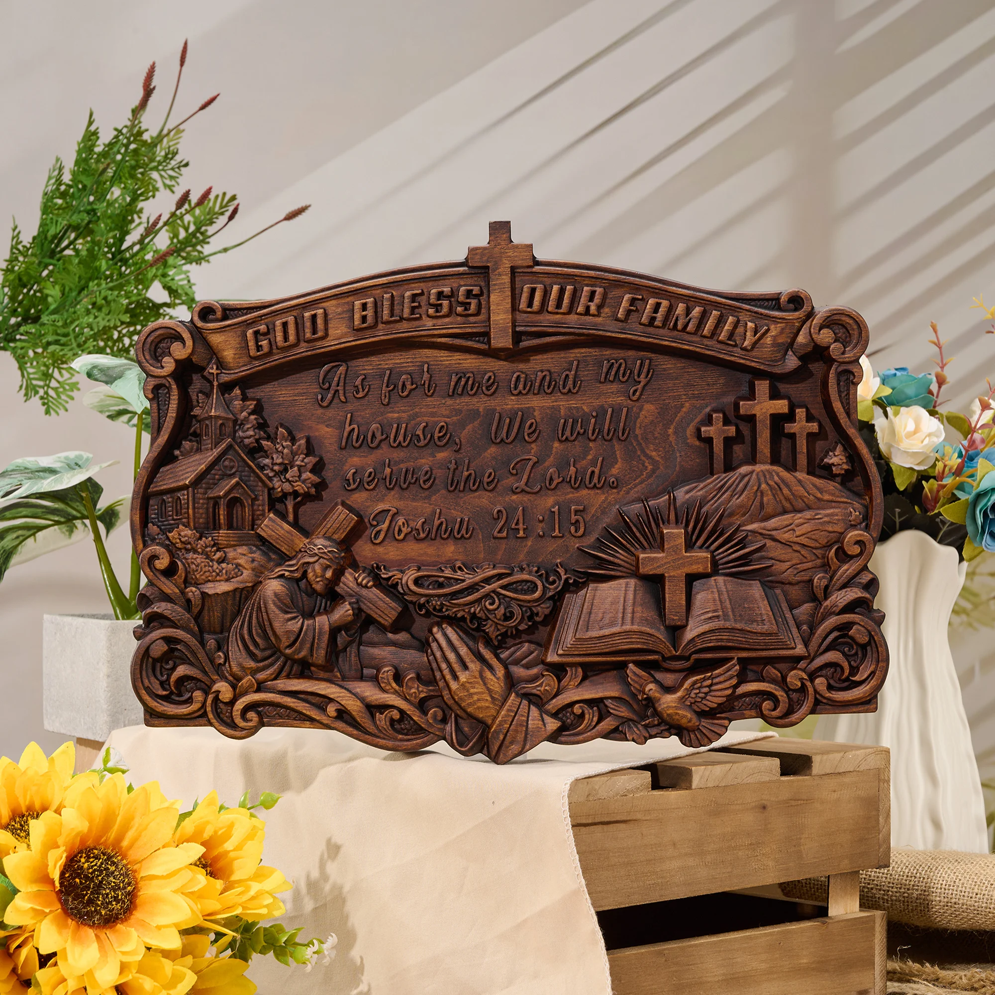Wooden Religious Wall Plaque God Bless Our Family Carved Relief Wall Art Joshua 24:15 Bible Verse Christian Home Wall Decor Fait