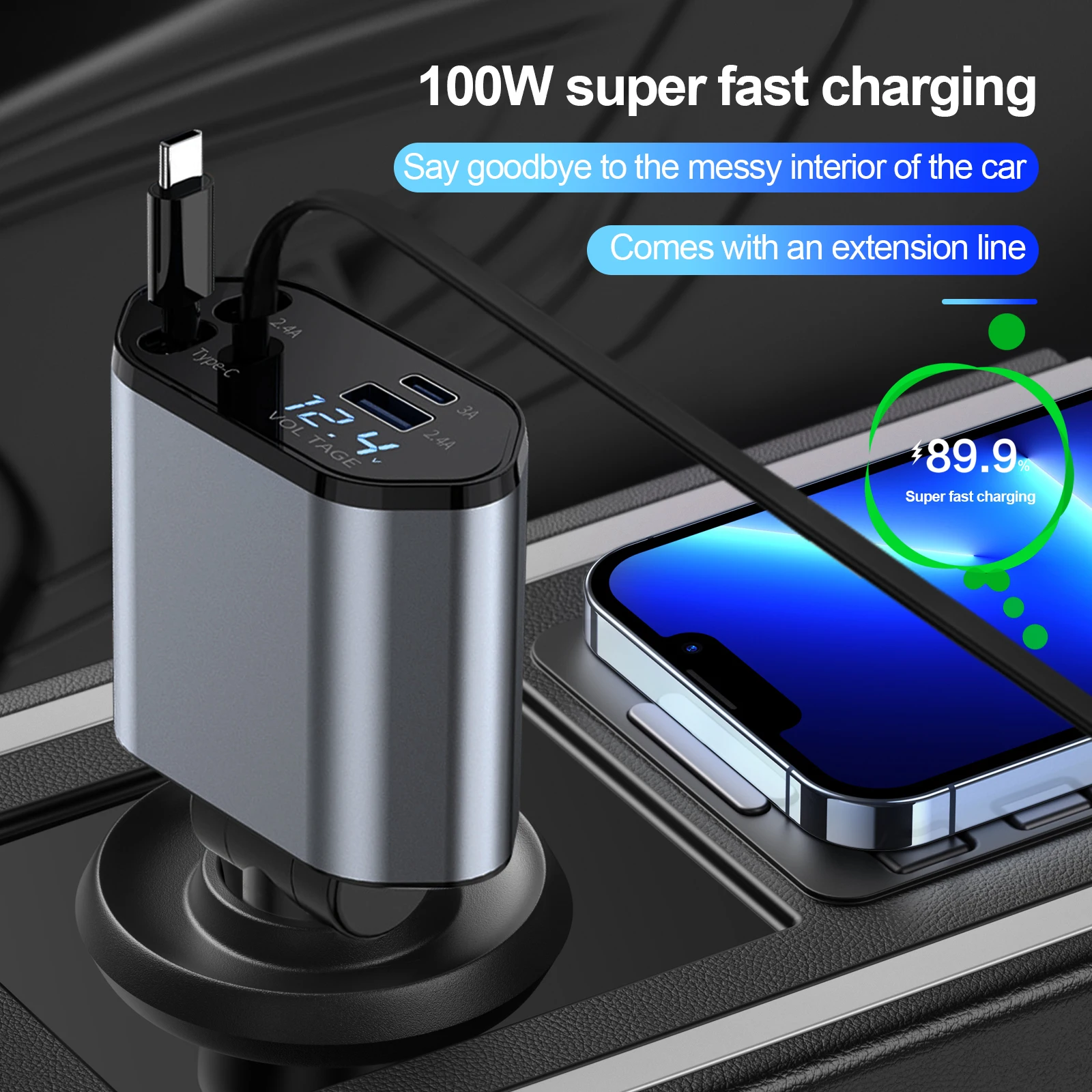 Retractable Car Charger, 100W Super Fast Charger, Car Phone Charger, 4 IN 1 Car Charger with Retractable Cable USB & Type-C Port