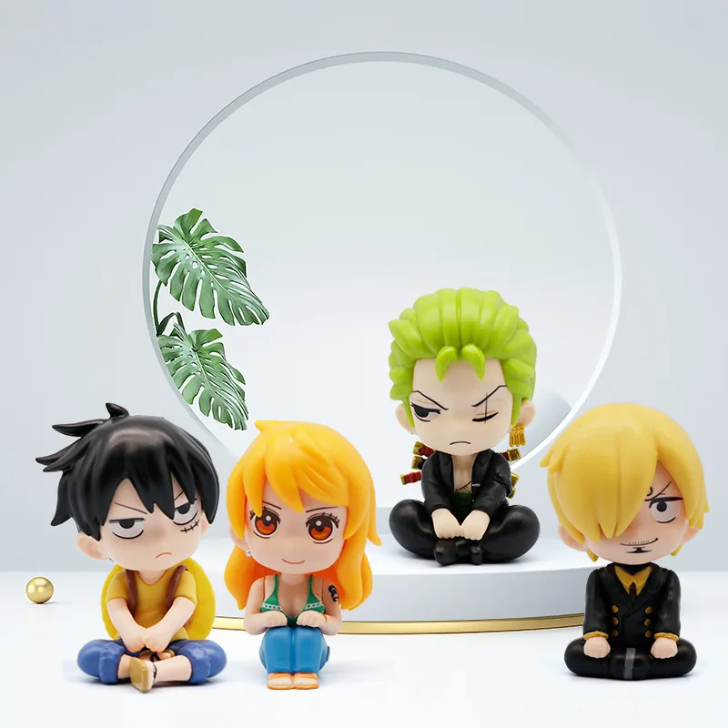 Anime One Piece Q Version Cute Doll Sitting Position Luffy Sanji Zoro Nami Action Figure GK Model Car Ornament Kids Toys Gift