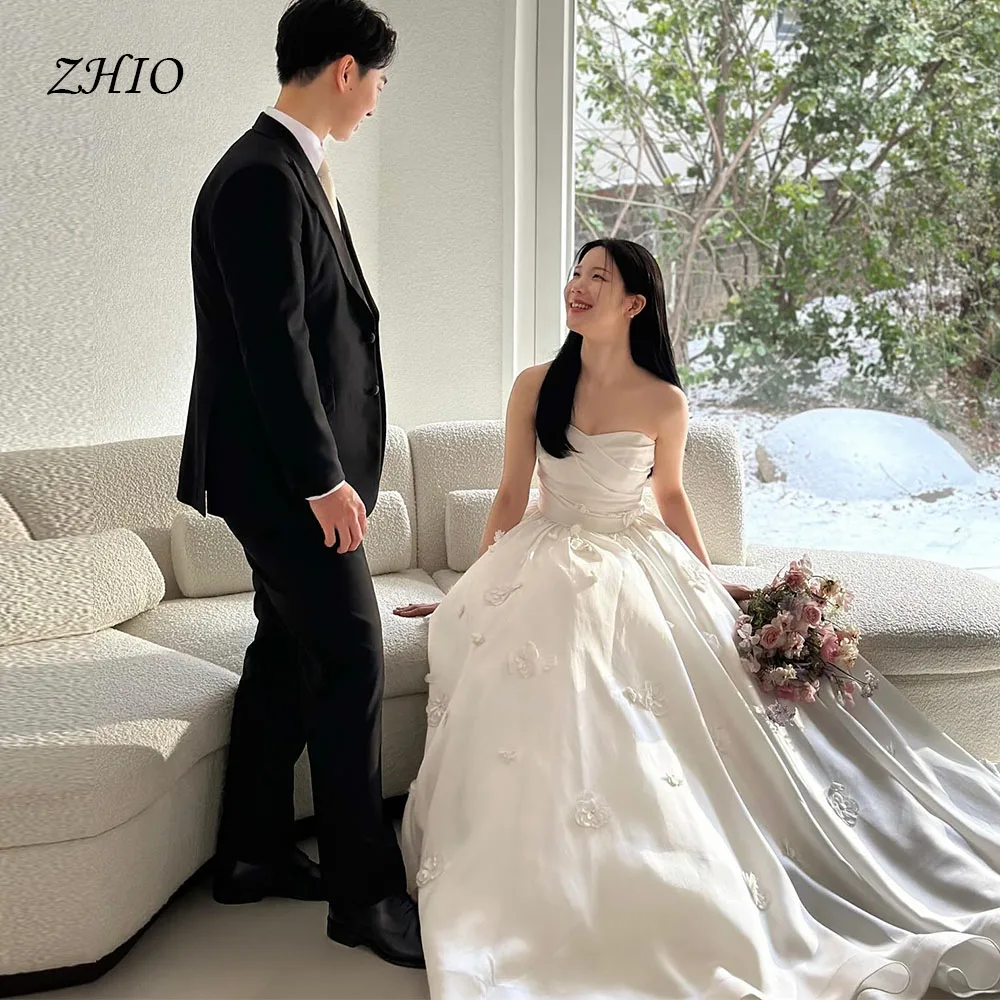 

ZHIO Fashion Pleated Princess Satin Korean Wedding Strapless Customized A-line Bow Ribbon Photo Shooting Wedding Dresses