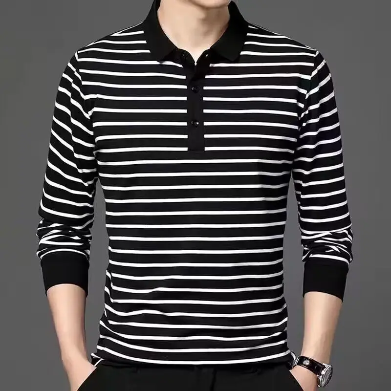 Spring and Autumn New Men\'s Long Sleeve T-shirt with Polo Collar Black and White Stripes Top Youth Casual Male Comfortable Shirt