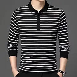 Spring and Autumn New Men's Long Sleeve T-shirt with Polo Collar Black and White Stripes Top Youth Casual Male Comfortable Shirt