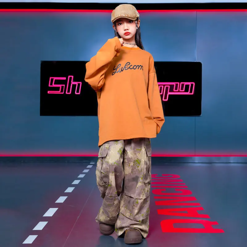 Детский хип-хоп хип-хоп крутой джазовый танцевальный костюм для девочек, байкерский костюм для мальчиков, оранжевый камуфляжный брючный костюм с длинными рукавами