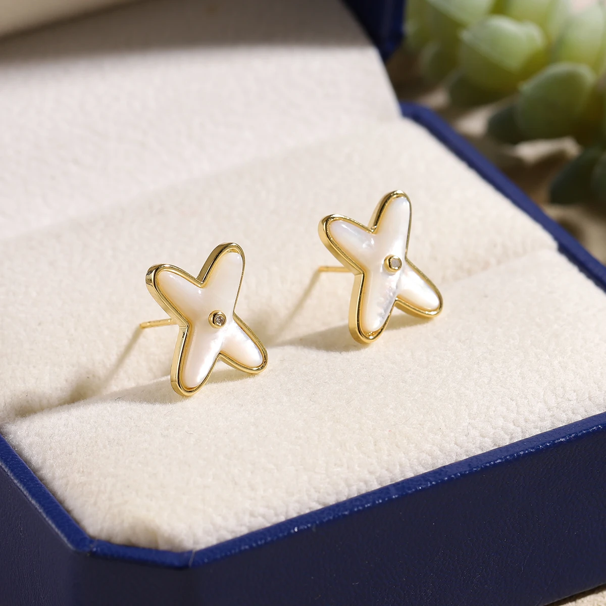 Minimalist 18K Gold Plated X-Shape Stud Earrings for Women, Natural White Shell Inlay, Dainty Geometric Jewelry