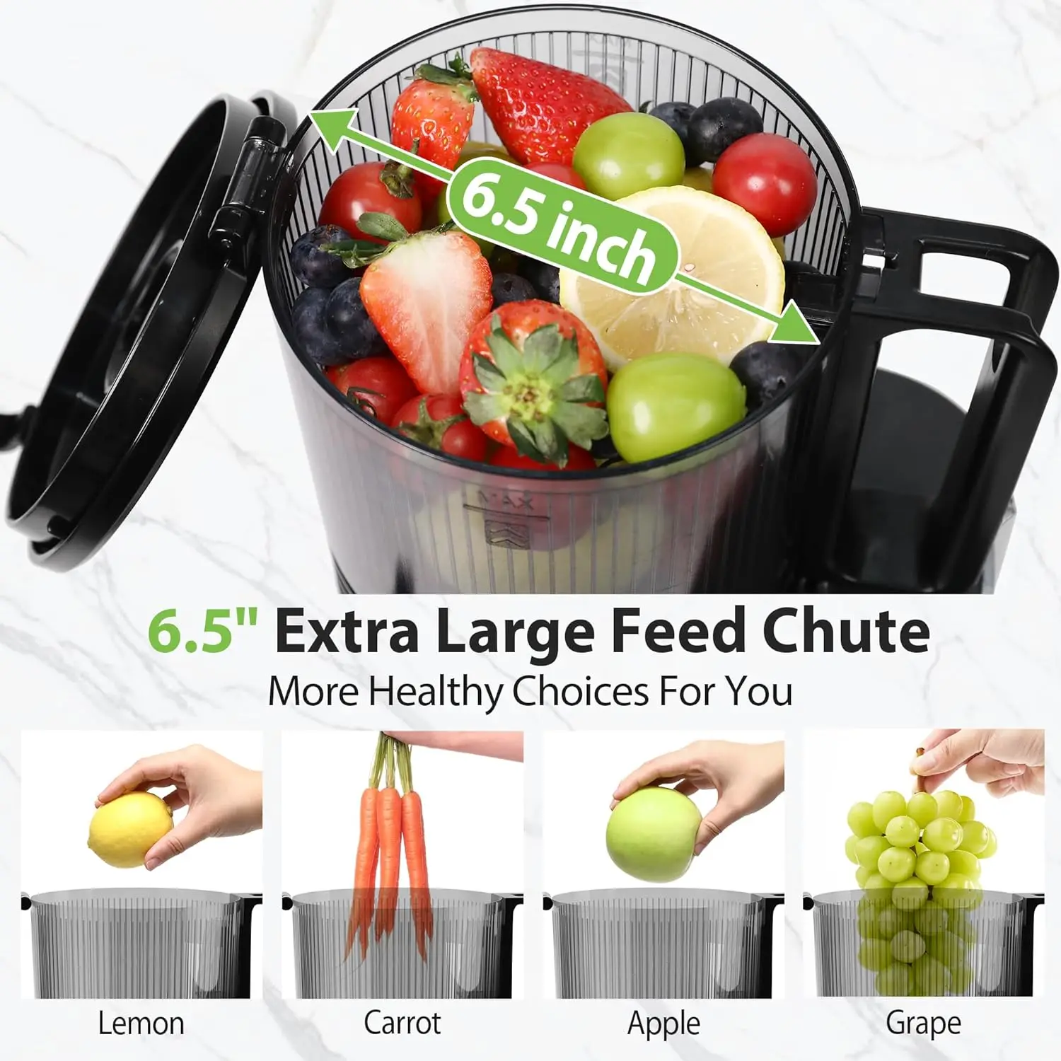 Press Juicer, 6.5" Extra Large Feed Chute Juicer Machines, 350W Slow Masticating Juicer Machines with High Juice Yield for Whole