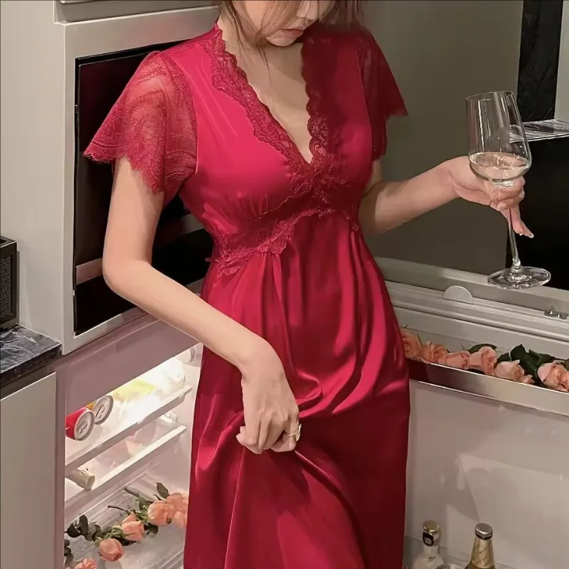 

Summer Satin Women's Sleepwear with Bra Long Sleeved Lace Breathable Elegant Short Sleeved Loose Fitting Underwear Sleepwear