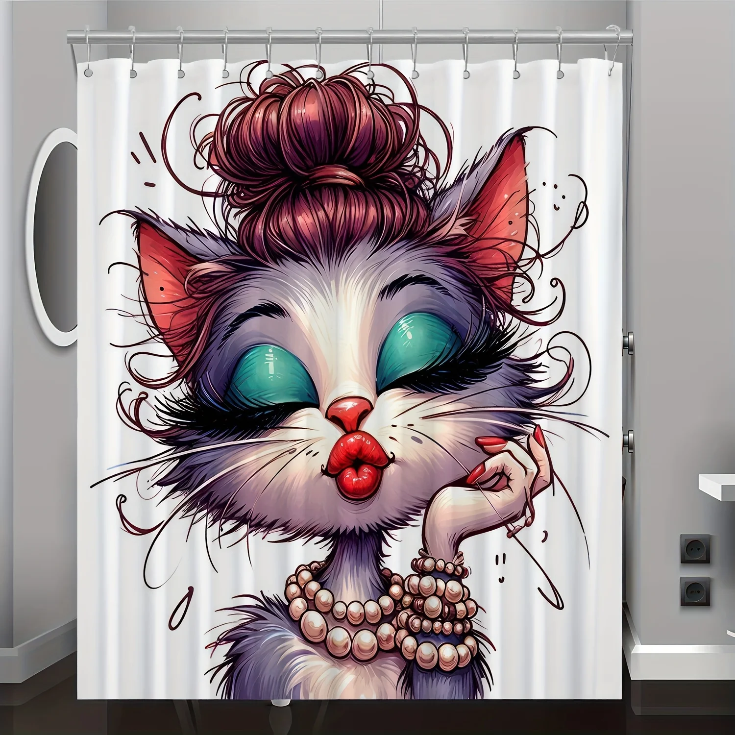 

"Занавеска для душа Chic Cat Lady, водонепроницаемая и декоративная для современной ванной комнаты, уникальный мультяшный дизайн с жемчужным ожерельем"