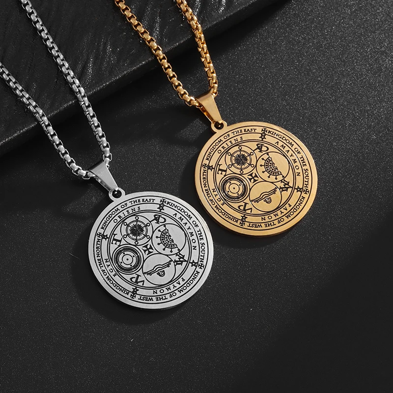 Retro Stainless Steel Mystical Magic Circle Cross Circle Pendant Necklace for Men Punk Charm Hip Hop Jewelry Gift