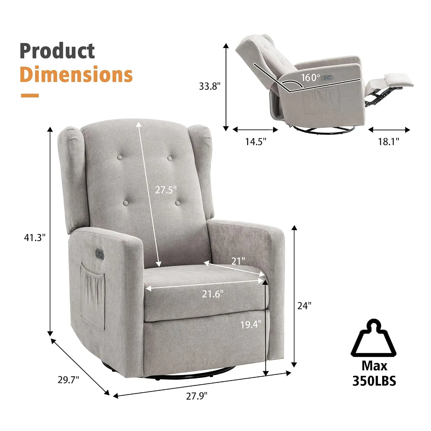 Electric Swivel Rocking Recliner Chair Nursery Glider, Customized
