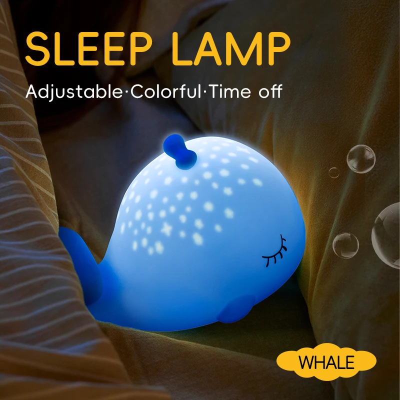 New creative starry sky whale silicone bedside lamp, USB rechargeable, soft light for eye protection, perfect gift for bedroom.