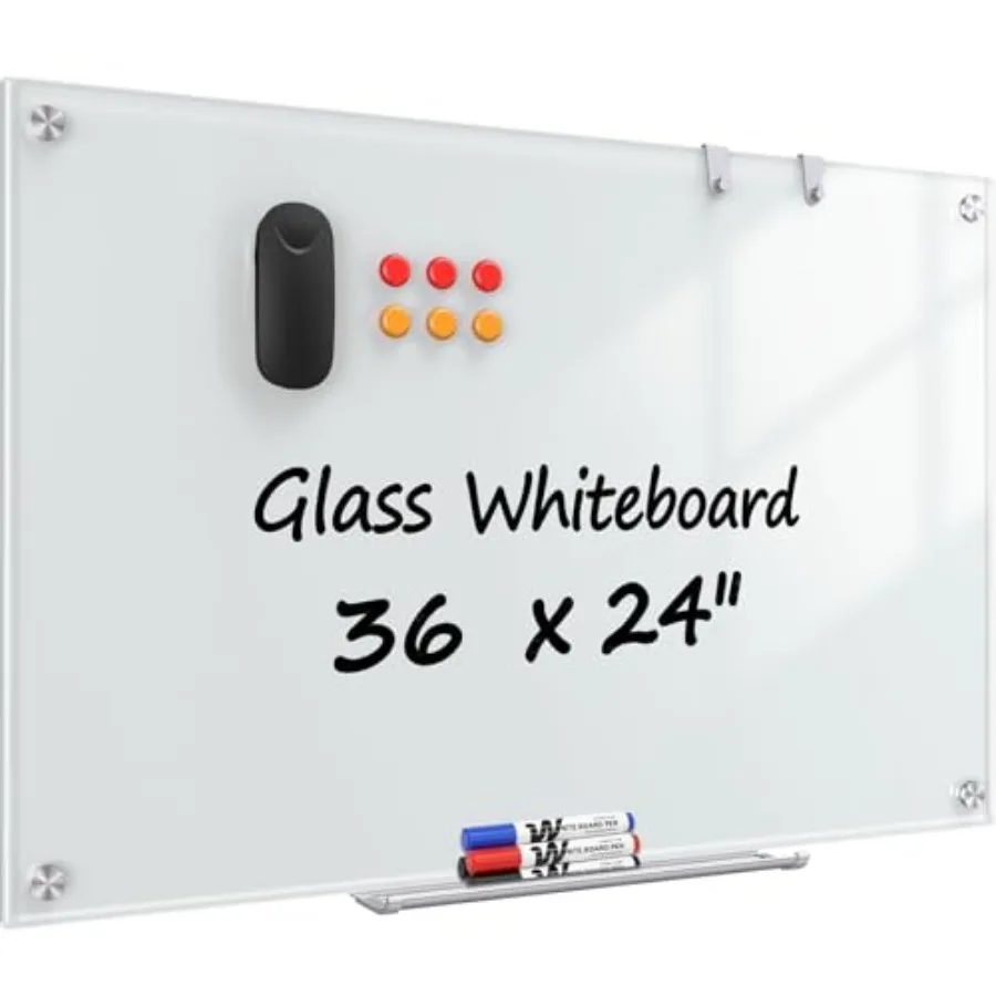 

Glass Whiteboard 36" x 24", Frameless Wall Mounted Dry Erase Board with Tempered Glass Surface, Steel-Backed Magnetic Support,
