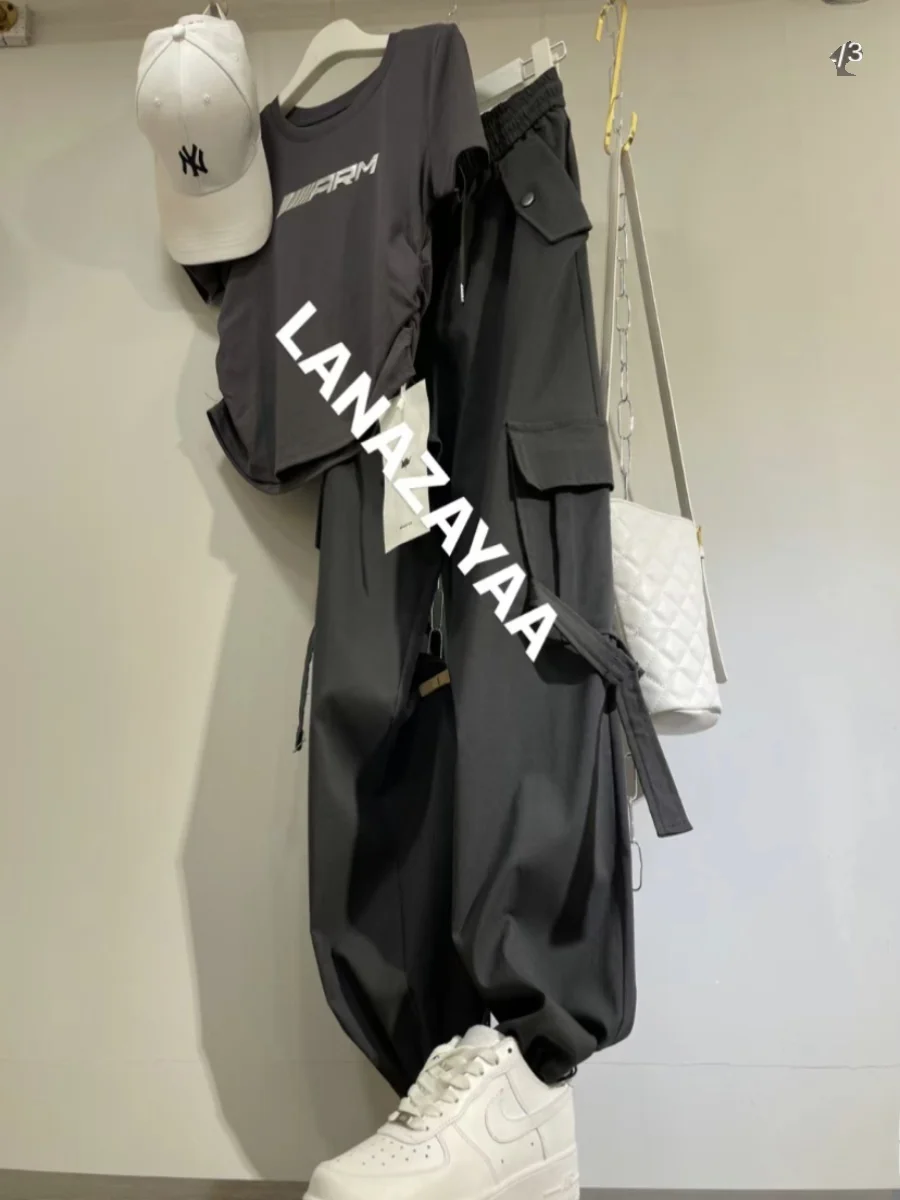 

Loose Men's Summer ort Sve Workwear Pants Two-Piece Set American Retro Sle Large Size 2300 Pou Casual Sportswear Set