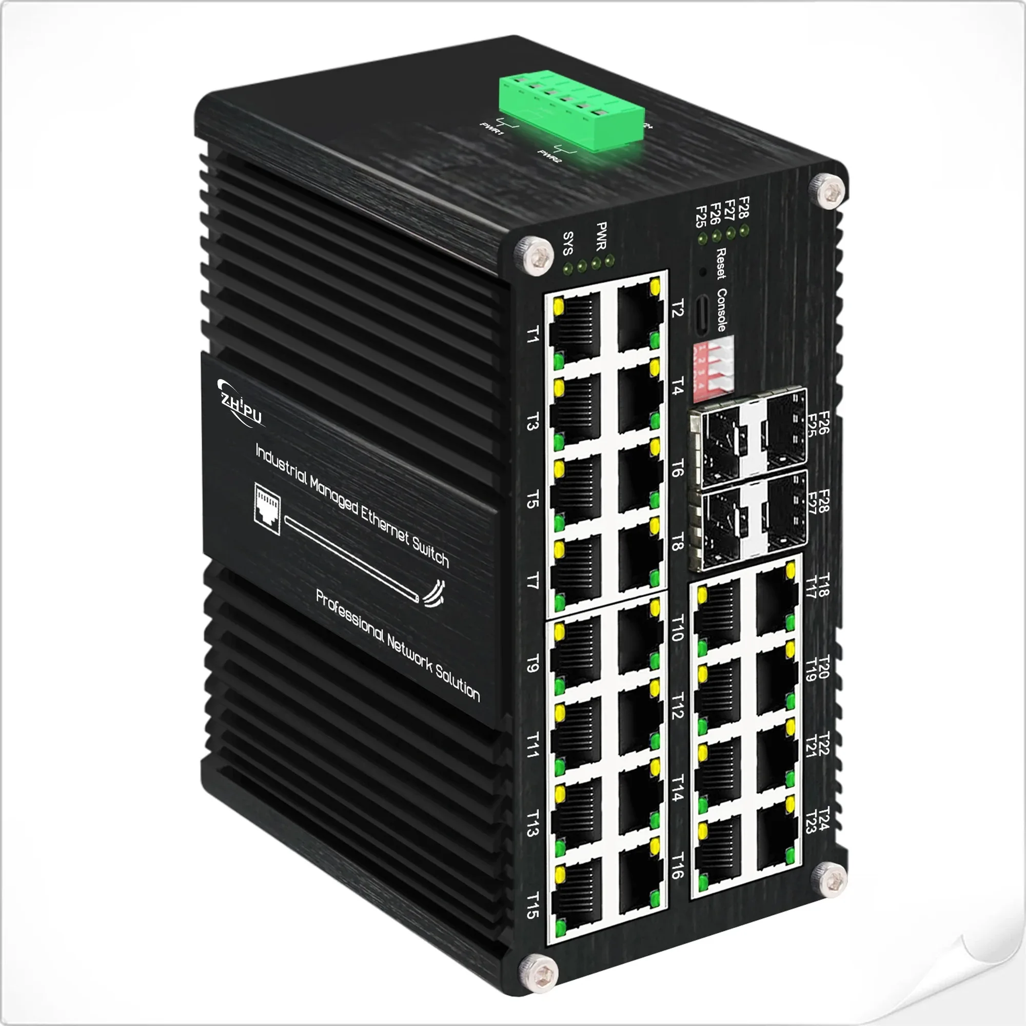 Industrial L2+ 24-Port 10/100/1000T 802.3at PoE + 4-Port 1000X SFP Managed Gigabit Ethernet Switch Din Rail Management Web Ring