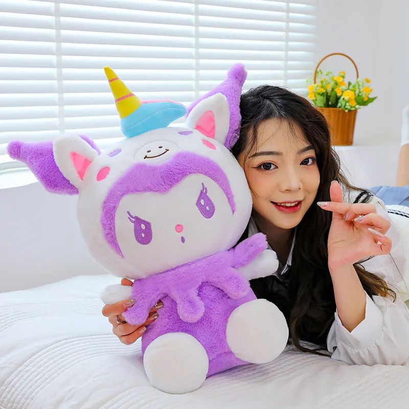 Sanrio หมอนตุ๊กตายัดไส้รูปสัตว์น่ารัก, ตุ๊กตารูปการ์ตูนยูนิคอร์นทแปลงร่างเป็นตุ๊กตาหนานุ่ม