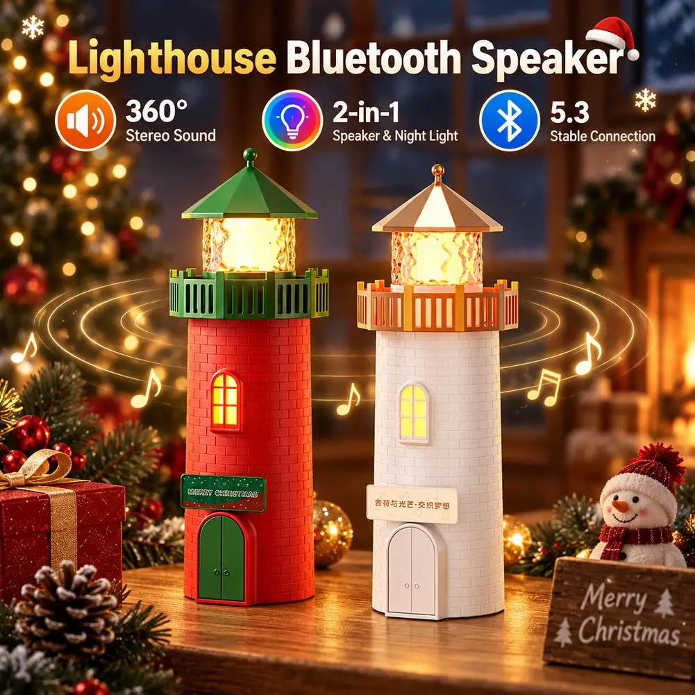 Lighthouse Shape Bluetooth 5.3 Speaker Dual Atmosphere Light 1200mAh 5W Rechargeable Non-Slip Sponge Base Wireless Audio Lamp