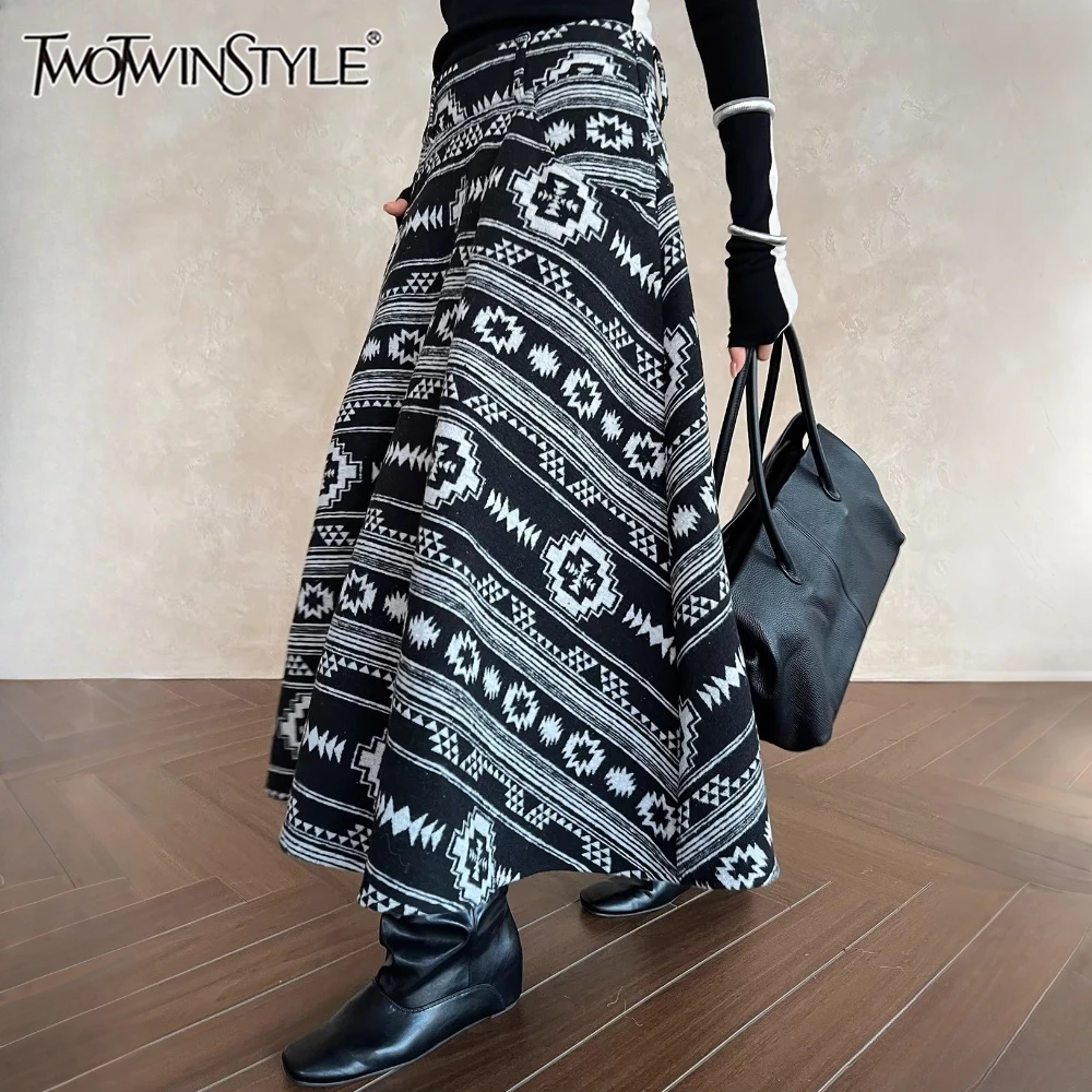 TWOTWINSTYLE Solid Spliced Printing Casual Skirt Female High Waist Loose Vintage Literary Women's Long Skirts Autumn New Fashion