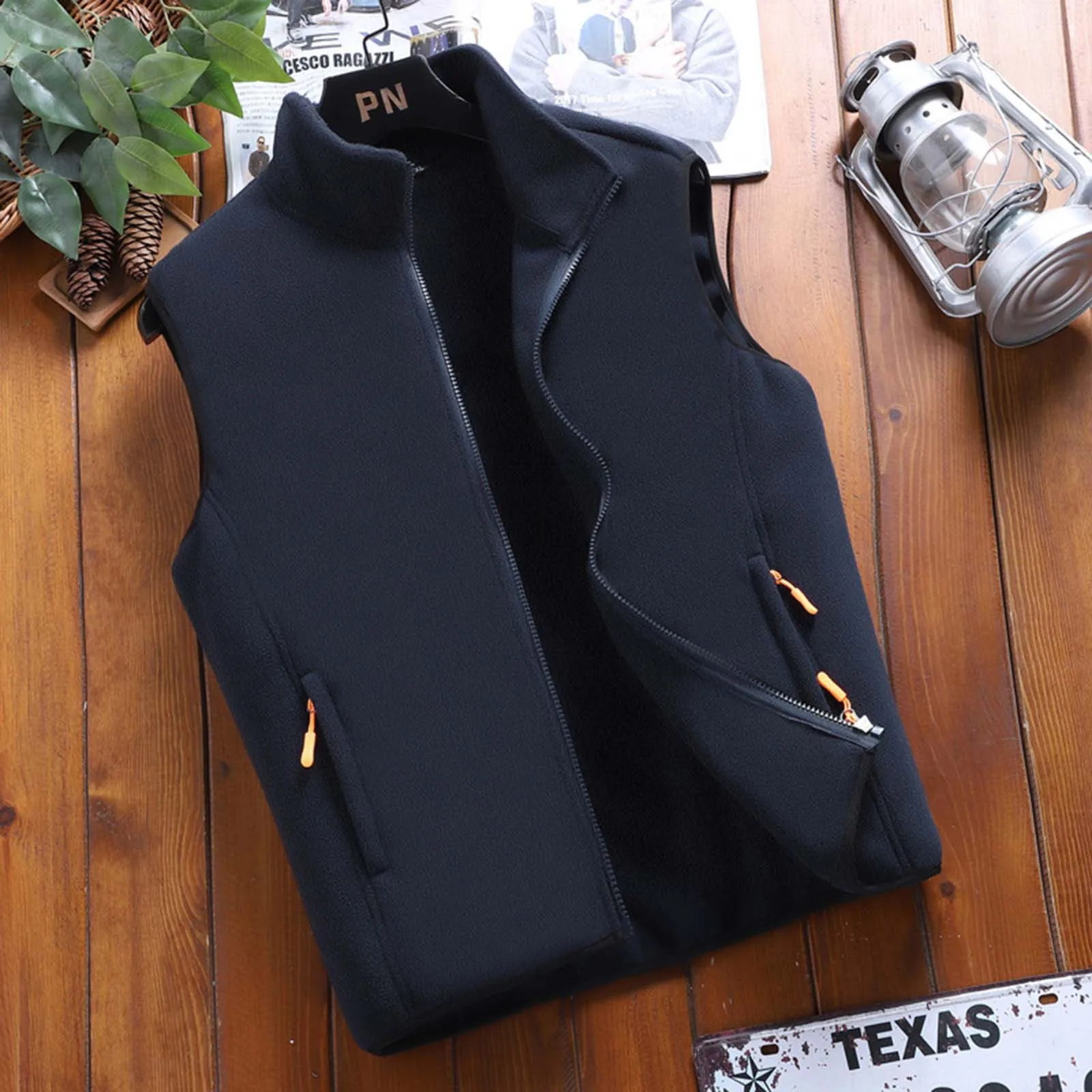 Winter Polar Fleece Vest Coat For Men Casual Solid Stand Collar Zip Up Fleece Coat Sleeveless Zipper Fly Pocket Vest Outerwear