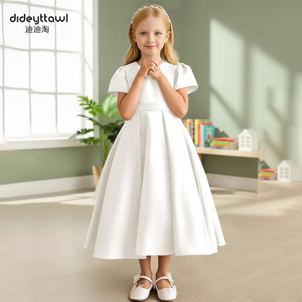 

Dideyttawl Customized Satin Short Sleeve A Line Midi Length Dress Big Bowknot Back Zipper Flower Girl Dress Elegant Party Gown
