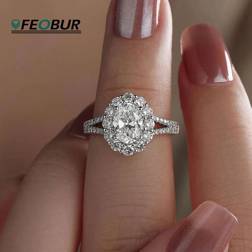 

FEOBUR 2CT Halo Moissanite Oval Cut Rings 925 Sterling Silver for Women Luxury Lab Diamond Wedding Band Anniversary Jewelry GRA