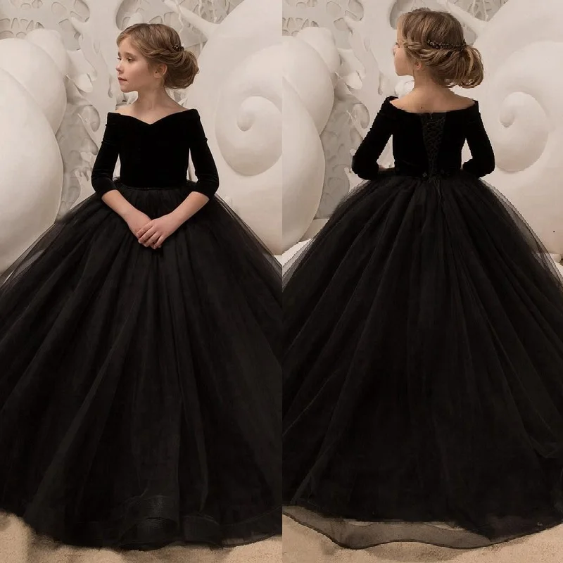 

Black Flower Girl Dress Ball Gown Kids Pageant Dress With Elegant Half Sleeves Aged 1 -14 Years Robe First Communion Even Party