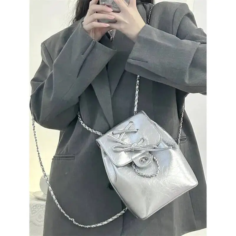 Bloom Haruku Blue Mochila Women 2025 Vintage Leather Chain Bow Mini Backpacks Hot Girls Retro Fashionable Backpack Aesthetic