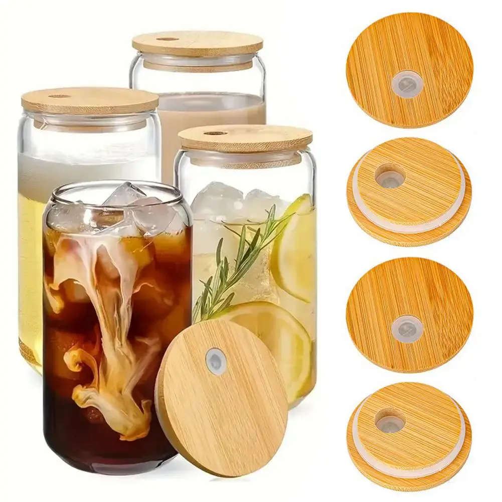 4 Pcs Bamboo Lid With Straw Hole Silicone Seal Lid 2.76inch Canning Lid Regular Mouth Jars Replacement For Beer Glasses Cup Tool