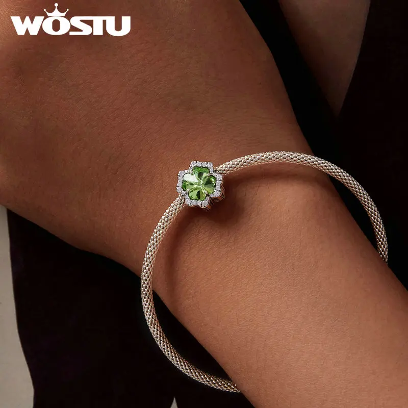 WOSTU Real 925 Sterling Silver Green Four-leaf Clover Charm Shiny Zircon Beads Fit Original Bracelet DIY Necklace Jewelry Making