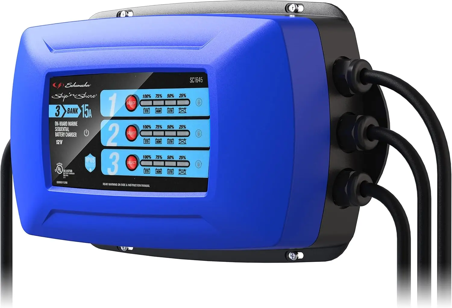 Three-Bank On-Board Marine Battery Charger, SC1645, 2-in-1, Fully Automatic, Sequential Charging, Water Resistant, 15 Amps