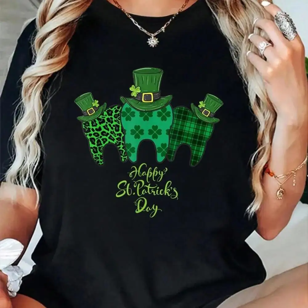 100_ Cotton Happy St Patrick s Day Dental Assistant Tooth Patricks Day T-Shirt Men s Women s Soft Breathable Tee Classic Fashion Summer Tops Prin