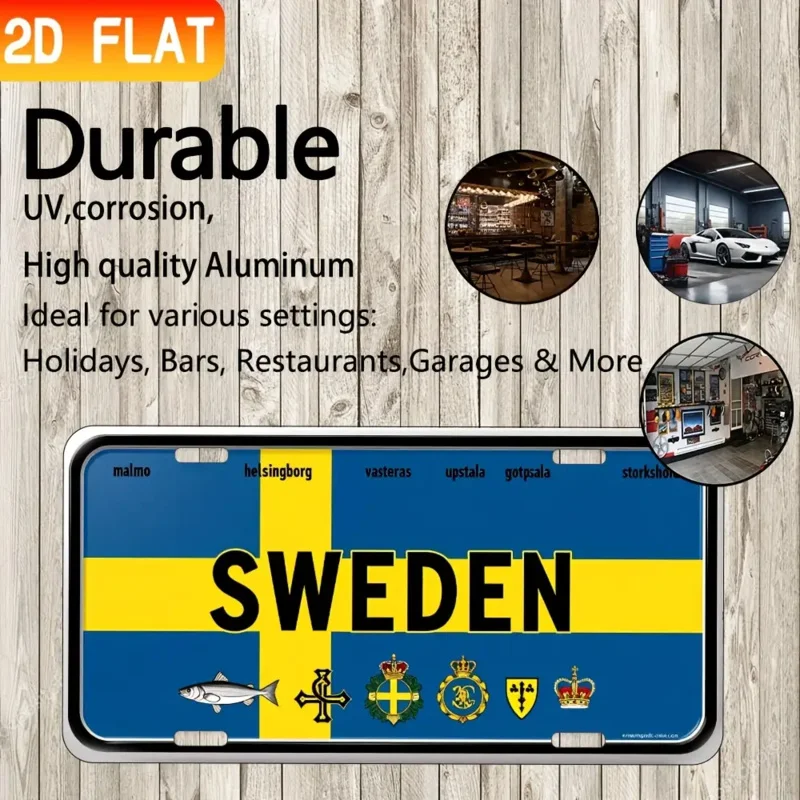 HD Aluminum Print, Vintage Sweden Flag Swedish Cities Emblems License Plate Style Wall Art, High Definition Bend-Resistant Metal