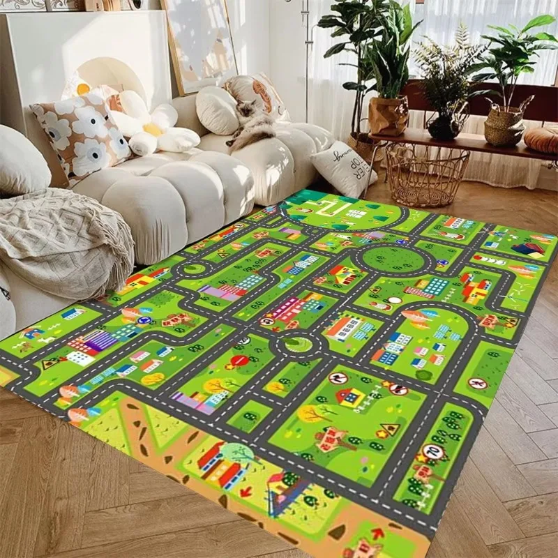 Interactive City Highway Play Mat for Kids Toy Cars Non Slip Floor Rug Educational Playroom Carpet for Boys Girls Bedroom Gifts