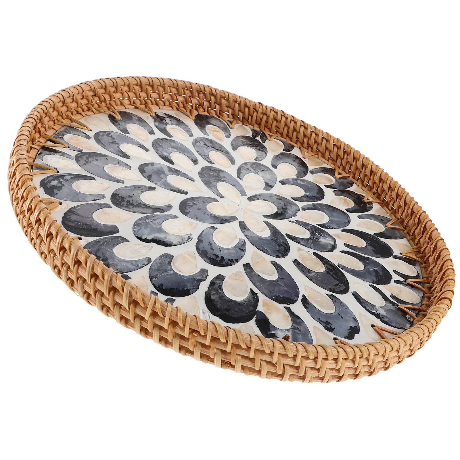 Handgefertigtes Rattan-Tablett, buntes Muscheleinlage, gewebtes Serviertablett für Obst, Brot, Couchtisch, Dekor, Obst-Arbeitsplattenkorb