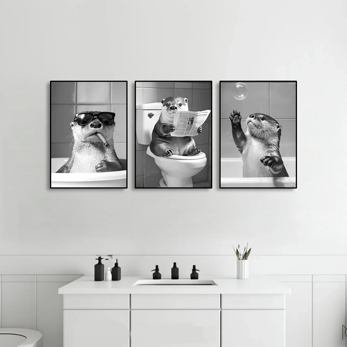 مضحك قضاعة و الراكون الحمام قماش المشارك القط شرب الحيوانات أبيض وأسود جدار الفن جدارية لغرفة المعيشة الحديثة ديكور المنزل #4