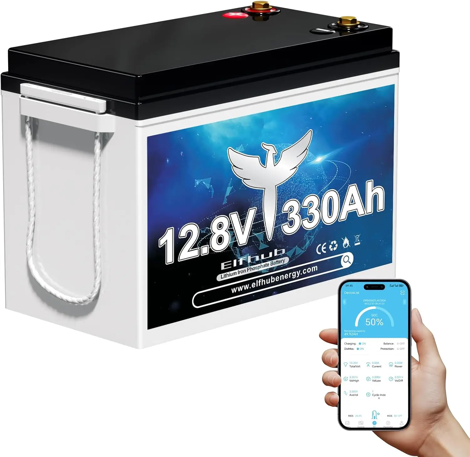 12V 330Ah LiFePO4-Autobatterie mit integriertem Bluetooth 200A BMS, 4224Wh Deep Cycle Lithium-Batterie für Wohnmobil, Solaranhänger