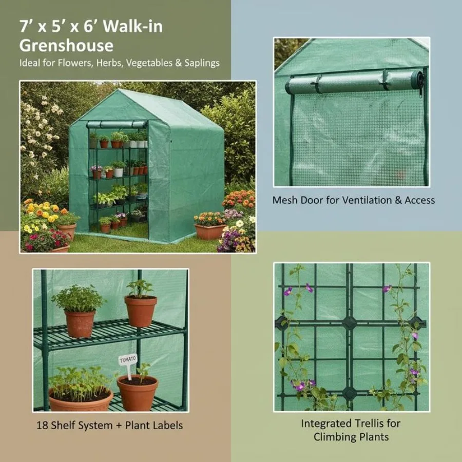 7' x 5' x 6' Walk-in Greenhouse for Outdoors with Mesh Door, 18 Shelf Hot House with Trellis, Plant Labels, UV Protective for Growing Flowers, Herbs, Vegetables, Saplings, Green view 4
