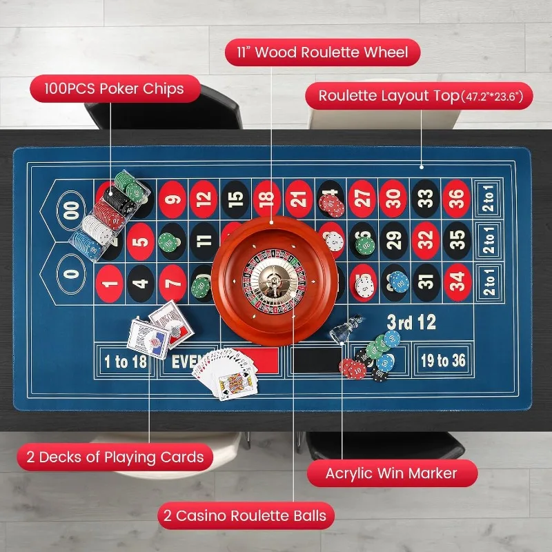مجموعة عجلات الروليت مقاس 11 بوصة: عجلة الروليت الصلبة مع 47.2 * 23.6 بوصة تخطيط طاولة الروليت حصيرة اللباد 100 قطعة ABS #3