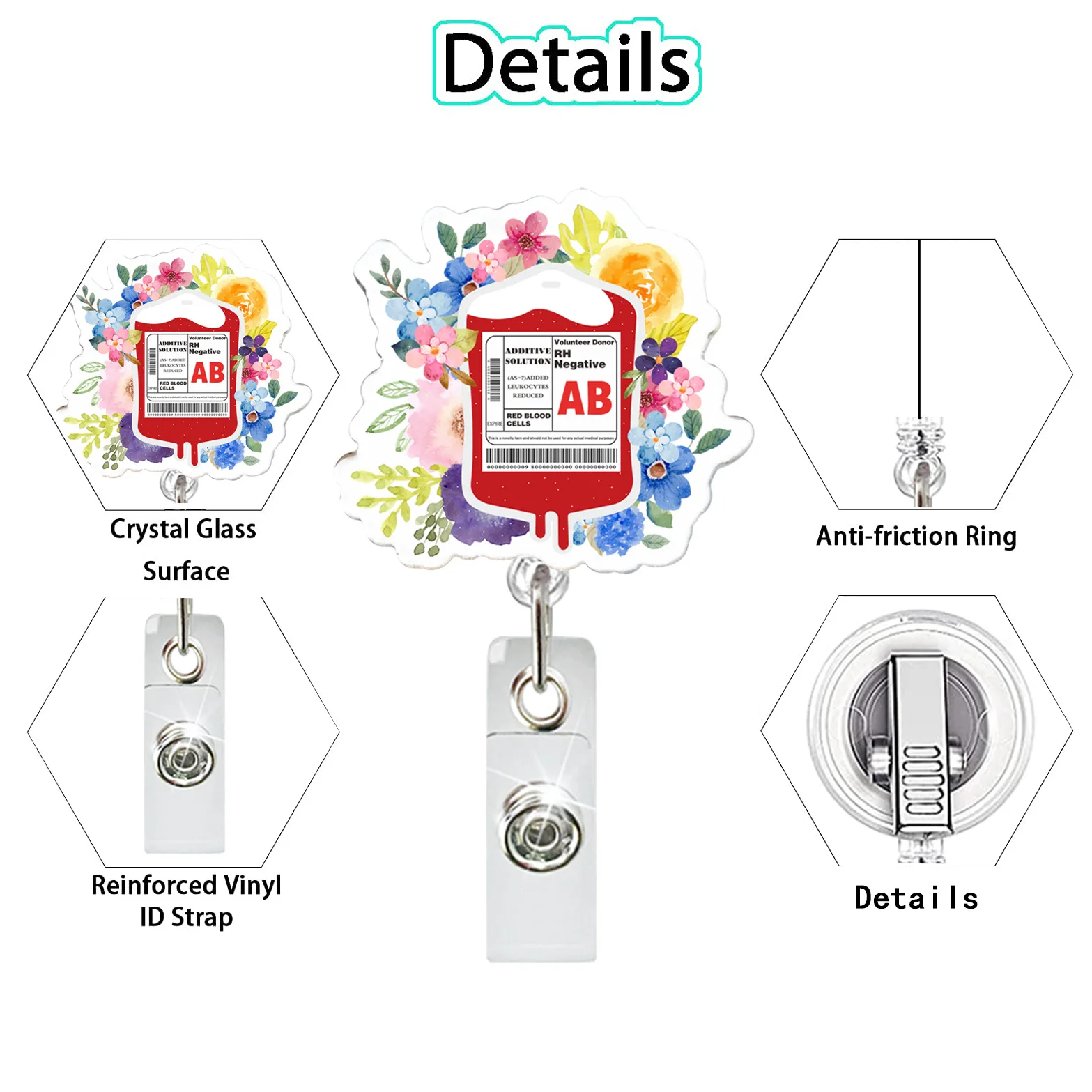 Glitter Flower Retractable Badge Reel Clips para Enfermeira, Médico, Hospital, Trabalhadores Médicos, Suporte de cartão acrílico, Tipo de sangue Saco, Novo, 1Pc