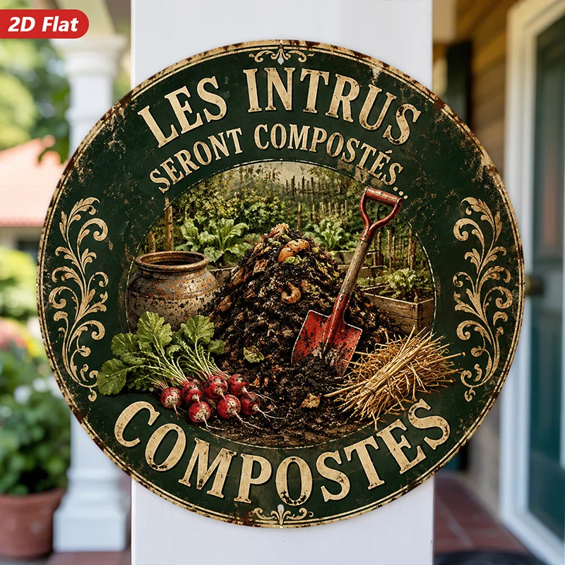 2D Flat - 【2D Flat】 2D Flat - [2D Flat] 2D Flat Print 1pc Round Metal Iron Sign, French Compost Garden Wall Art, Les Intrus Sero