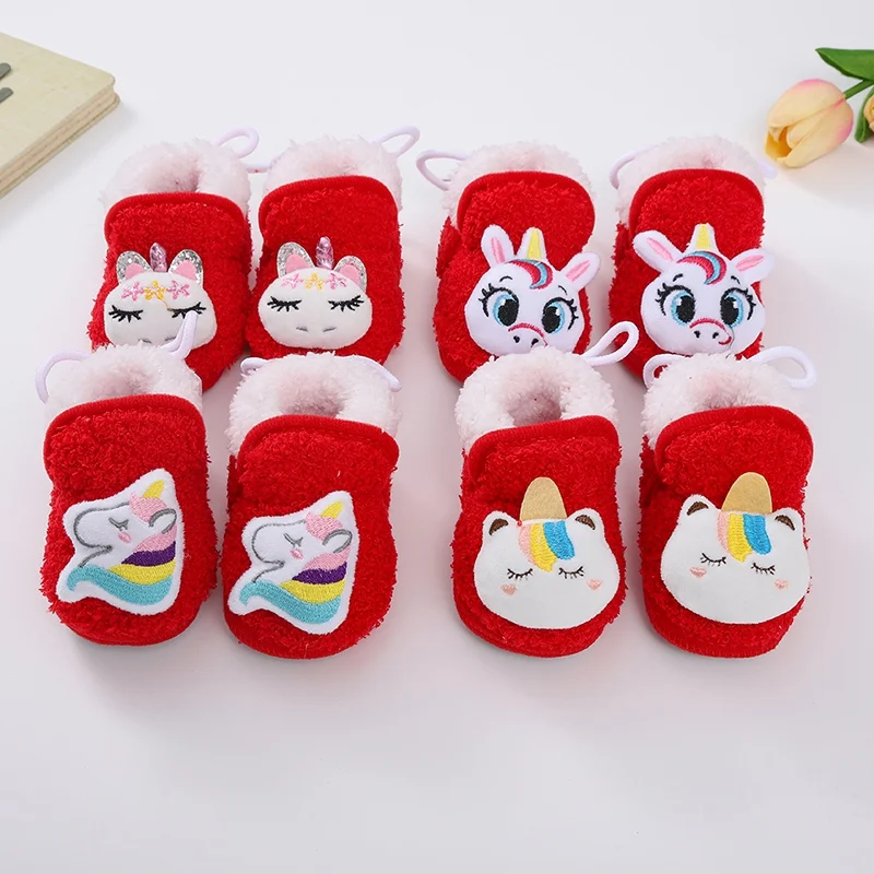 Winter Baby Shoes New Year\'s Cute Cartoon Head Plush Warm Soft Newborns Boy Girl Shoes First Walkers Warm Infant Crib Shoes