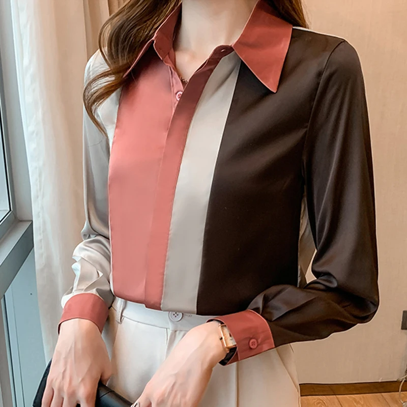 New Vintage Long Sleeve Satin Women Blouse Autumn New Polo Collar Button Women Shirt Elegant Oversized Loose Tops Clothing 18146