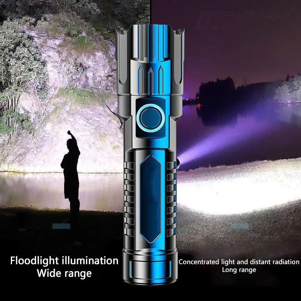 LED High-Power Flashlight Lighting Long Standby Time Camping Retractable Fashlight USB Rechargeable Bright Zoom Spotlight K6Q1